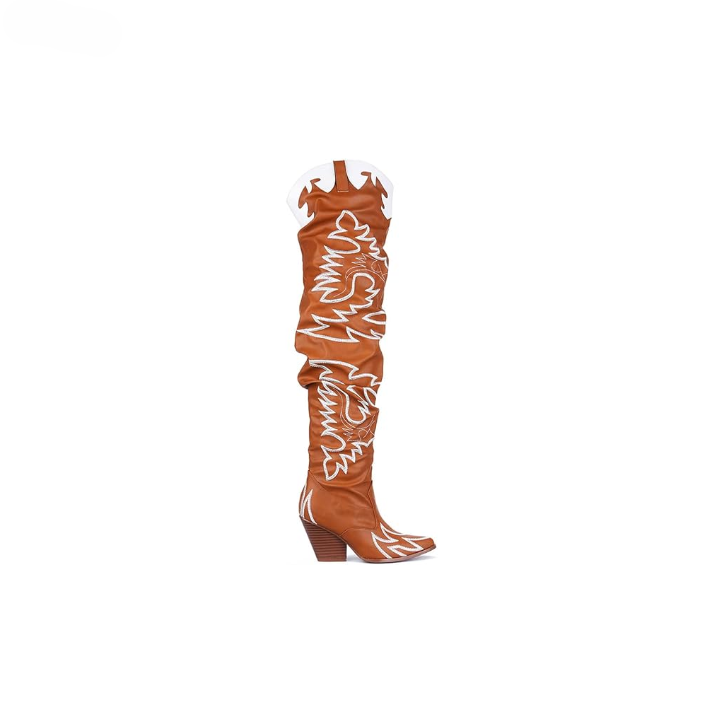 Kelsey-21 Over-the-Knee Western Cowgirl Boots – Embroidered Slouchy Pointed Toe Boots with Chunky Heel for Rodeo, Festival, or Fashion Streetwear