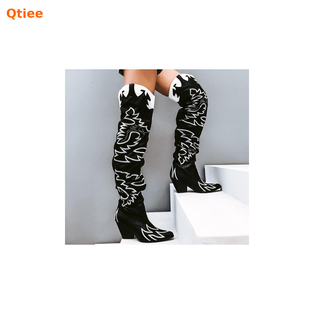 Kelsey-21 Over-the-Knee Western Cowgirl Boots – Embroidered Slouchy Pointed Toe Boots with Chunky Heel for Rodeo, Festival, or Fashion Streetwear