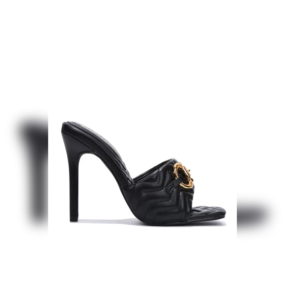 Minka  Square Toe Mule Heels – Gold Horsebit Quilted Slip-On Stiletto Sandals for Women