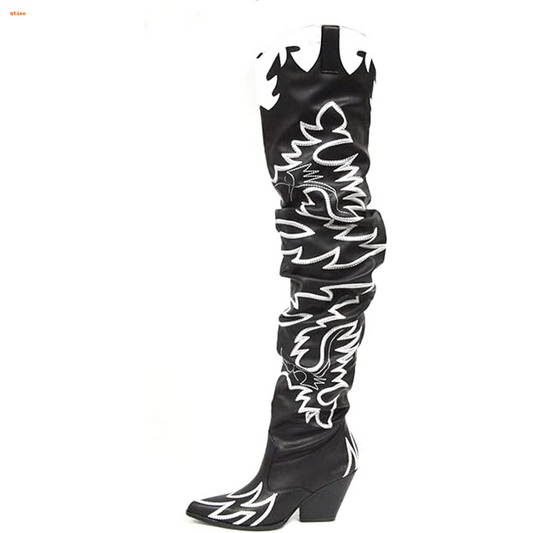 Kelsey-21 Over-the-Knee Western Cowgirl Boots – Embroidered Slouchy Pointed Toe Boots with Chunky Heel for Rodeo, Festival, or Fashion Streetwear